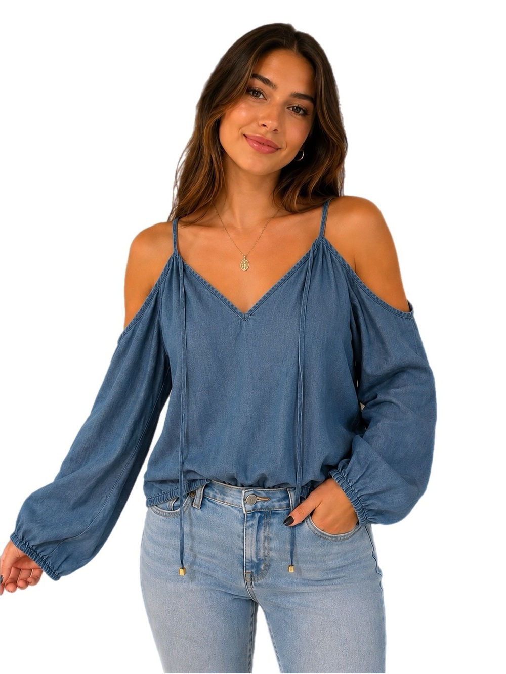 Michael Kors Denim Classic Model off-duty open shoulder top